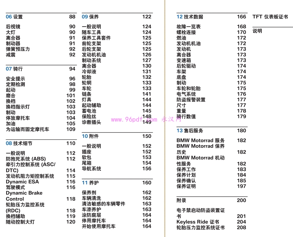 2021 宝马F900R 使用手册 保养目录保养时间表(冷却液/机油/保险丝等)