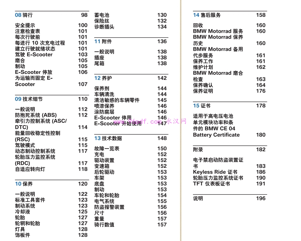 2022-2024 宝马CE04使用说明书 保养目录 保险丝冷却液