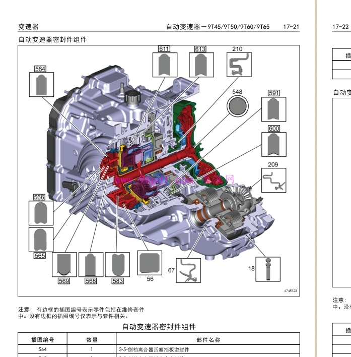 2022别克昂科拉GX维修手册-自动变速器密封件组件示意图（标注零件编号）