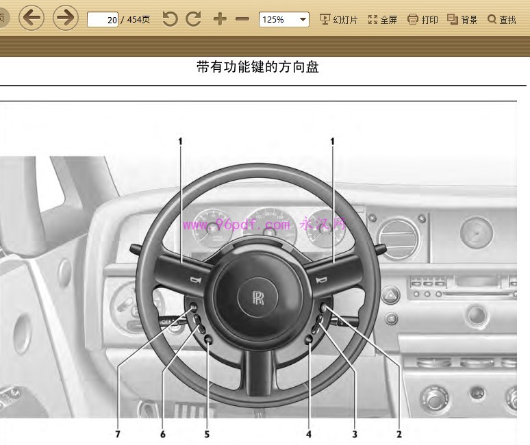 劳斯莱斯幻影Phantom带有功能键的方向盘示意图-中文用户说明书