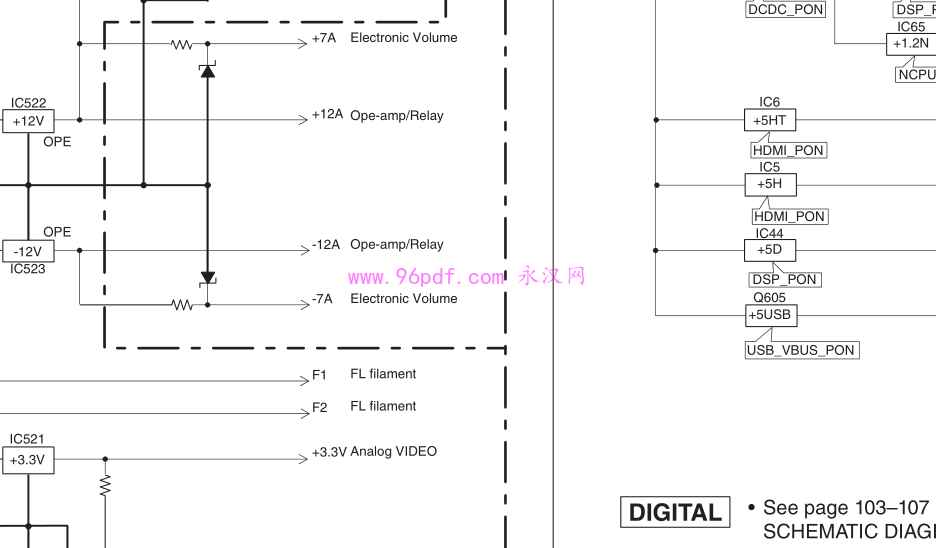 雅马哈RX-V475 HTR-4066维修手册S5 SOFT SWITCH自检功能说明与电路参数预览图（含+12V/-12V电源电路）