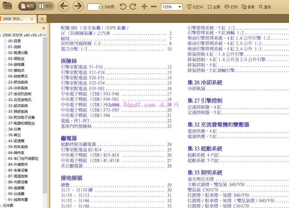 2008 沃尔沃C30 s40 v50 c70原厂电路图线路图资料 (繁体中文)